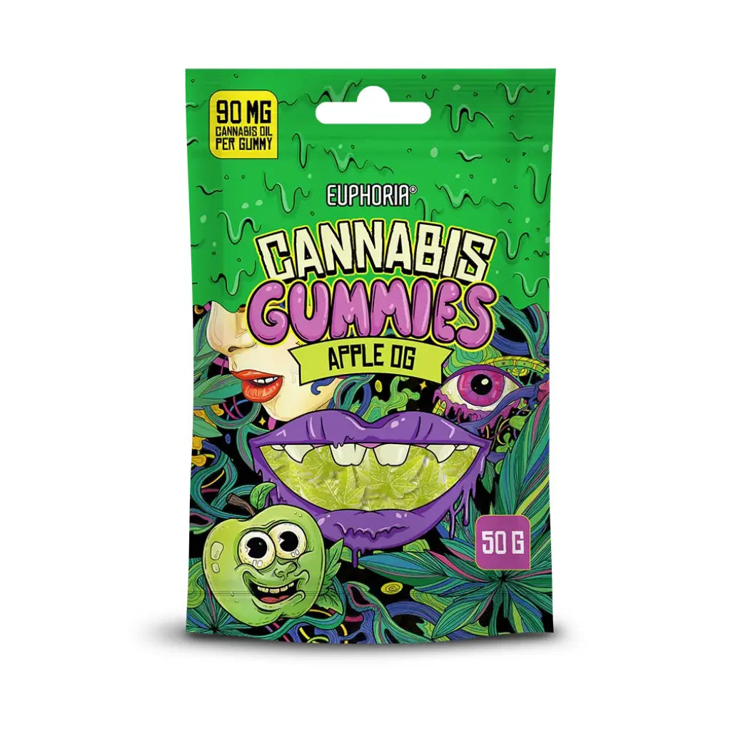 Bomboane gumate cu cannabis Euphoria Apple OG – aromă de măr verde, vegane, 90 mg ulei de cannabis