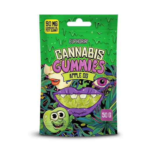 Bomboane gumate cu cannabis Euphoria Apple OG – aromă de măr verde, vegane, 90 mg ulei de cannabis